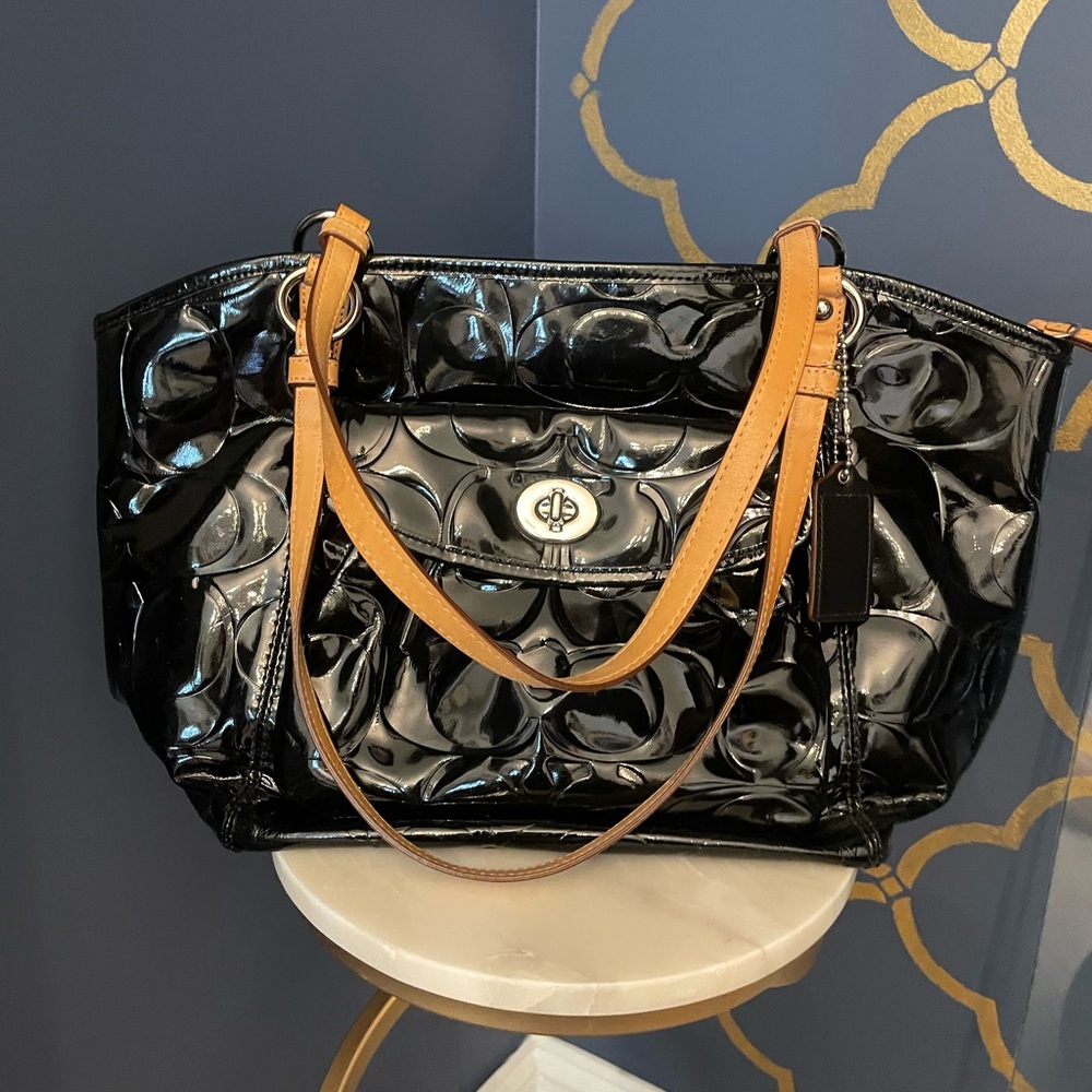 Coach Patent Leather Signature Gallery Tote - Black with Tan Trim